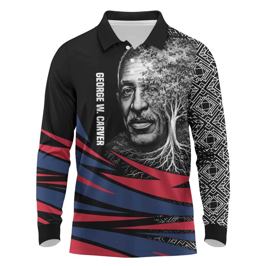 George Washington Carver Long Sleeve Polo Shirt with Tree Portrait Illustration, Nature Is the Greatest Teacher Quote - Wonder Print Shop