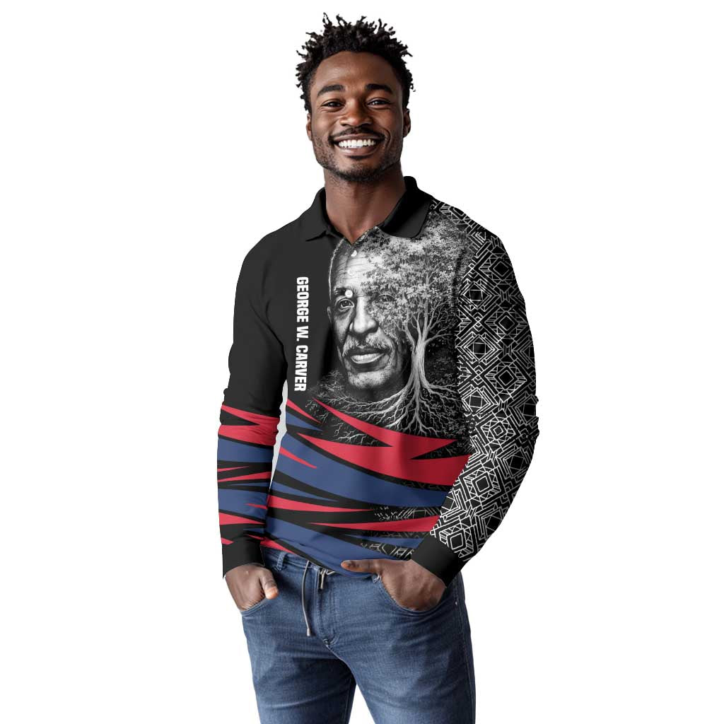 George Washington Carver Long Sleeve Polo Shirt with Tree Portrait Illustration, Nature Is the Greatest Teacher Quote - Wonder Print Shop