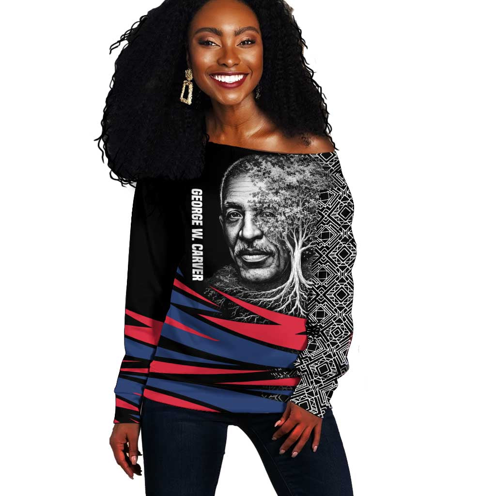 George Washington Carver Off Shoulder Sweater with Tree Portrait Illustration, Nature Is the Greatest Teacher Quote - Wonder Print Shop