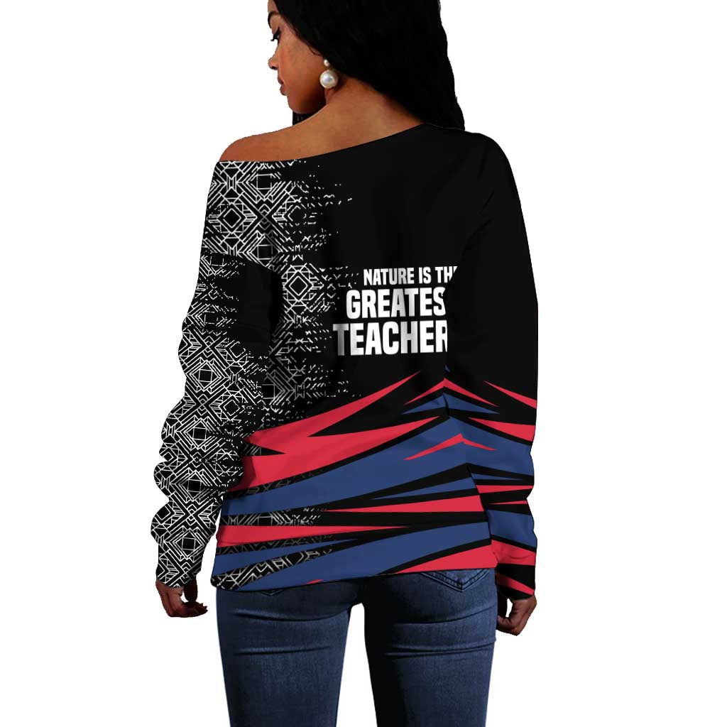 George Washington Carver Off Shoulder Sweater with Tree Portrait Illustration, Nature Is the Greatest Teacher Quote - Wonder Print Shop