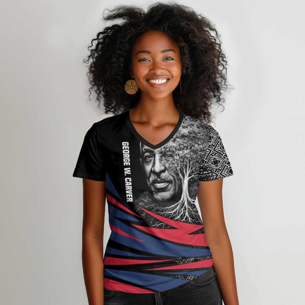 George Washington Carver Women V-Neck T-Shirt with Tree Portrait Illustration, Nature Is the Greatest Teacher Quote - Wonder Print Shop