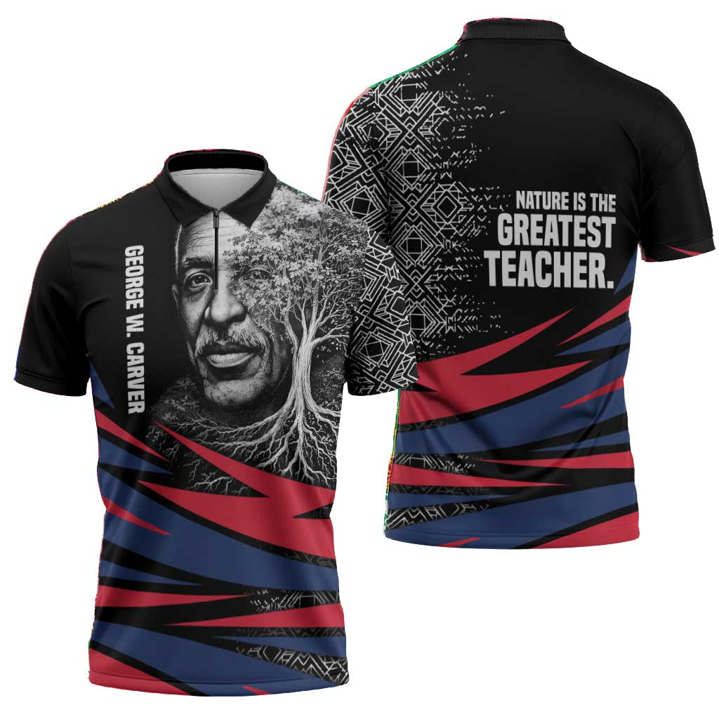 George Washington Carver Zipper Polo Shirt with Tree Portrait Illustration, Nature Is the Greatest Teacher Quote - Wonder Print Shop