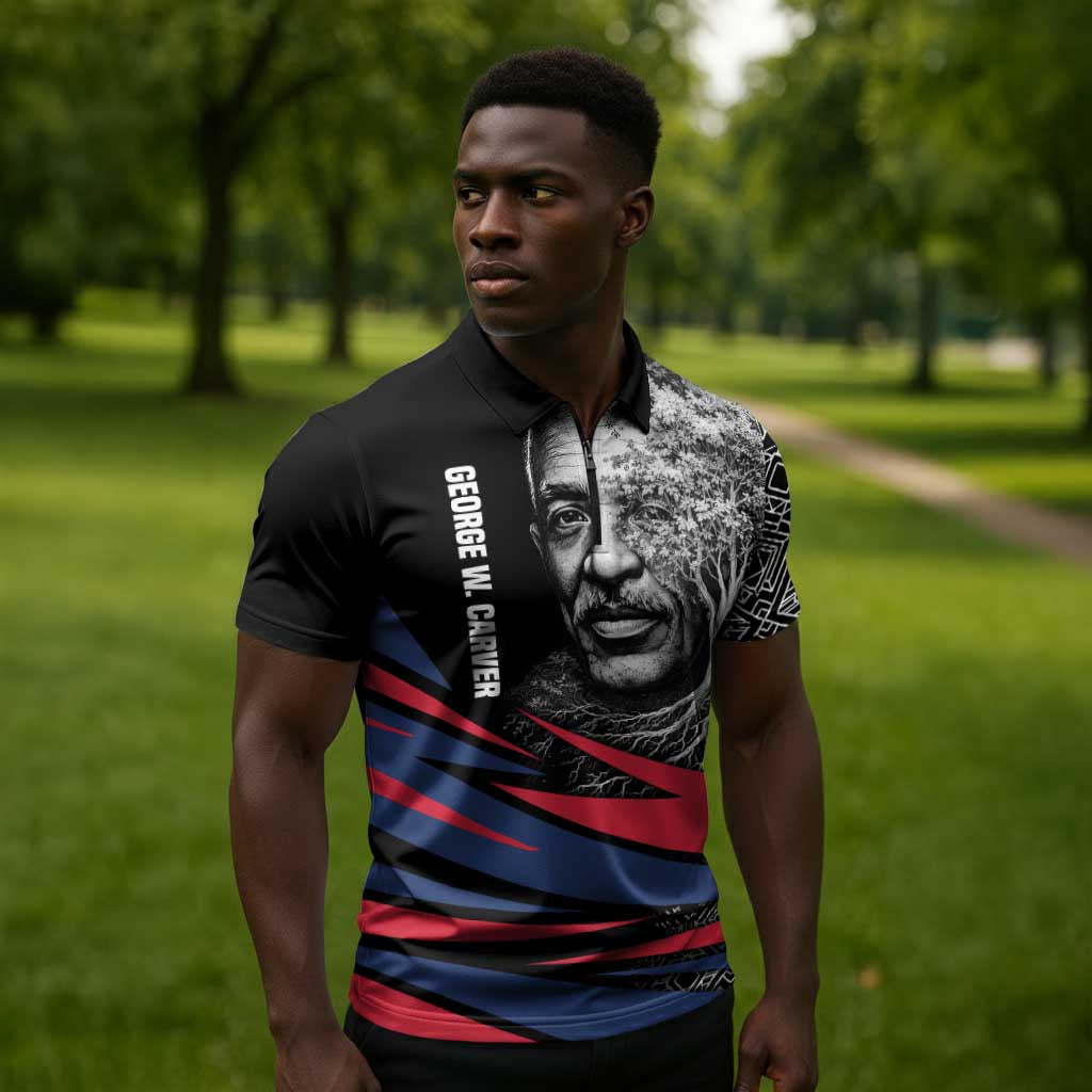 George Washington Carver Zipper Polo Shirt with Tree Portrait Illustration, Nature Is the Greatest Teacher Quote - Wonder Print Shop