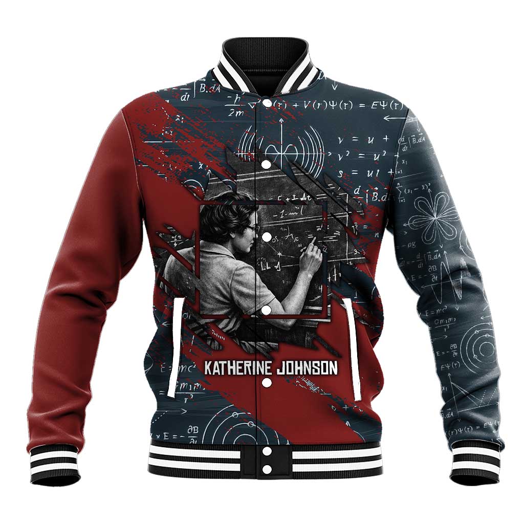 Katherine Johnson Baseball Jacket with Chalkboard Math Scene, Verify the Numbers Quote and Space Orbit - Wonder Print Shop