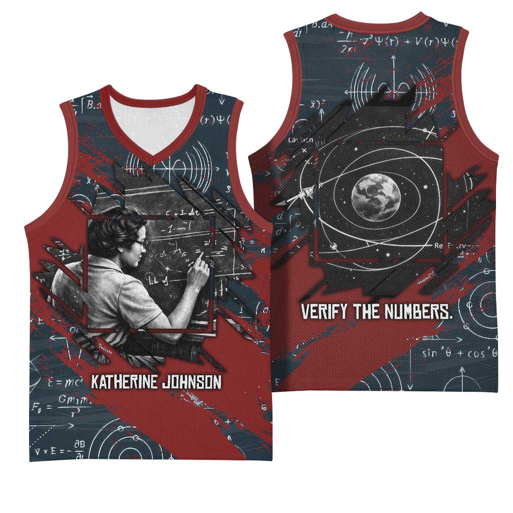 Katherine Johnson Basketball Jersey with Chalkboard Math Scene, Verify the Numbers Quote and Space Orbit - Wonder Print Shop