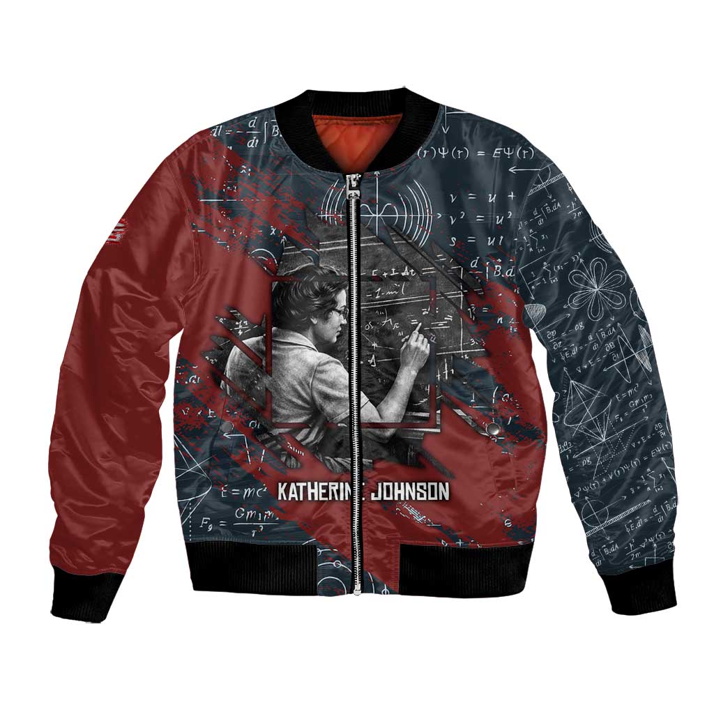 Katherine Johnson Bomber Jacket with Chalkboard Math Scene, Verify the Numbers Quote and Space Orbit - Wonder Print Shop