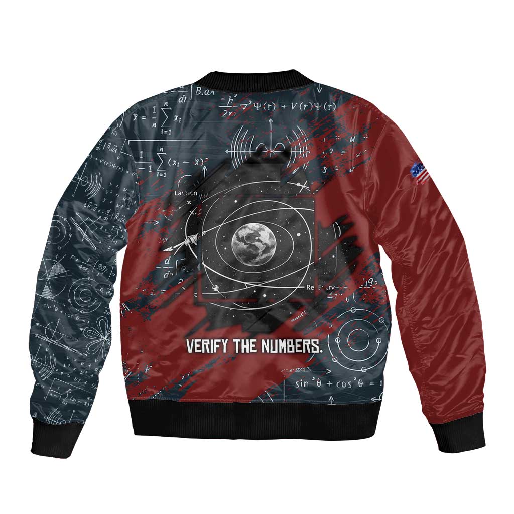 Katherine Johnson Bomber Jacket with Chalkboard Math Scene, Verify the Numbers Quote and Space Orbit - Wonder Print Shop