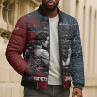 Katherine Johnson Bomber Puffer Jacket with Chalkboard Math Scene, Verify the Numbers Quote and Space Orbit - Wonder Print Shop