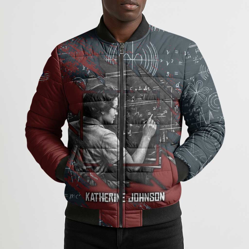Katherine Johnson Bomber Puffer Jacket with Chalkboard Math Scene, Verify the Numbers Quote and Space Orbit - Wonder Print Shop