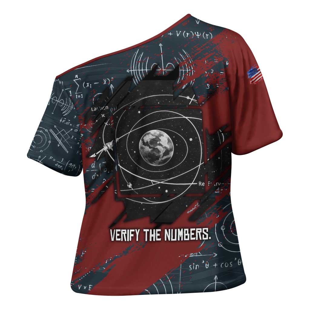 Katherine Johnson Cross Shoulder Shirt with Chalkboard Math Scene, Verify the Numbers Quote and Space Orbit - Wonder Print Shop