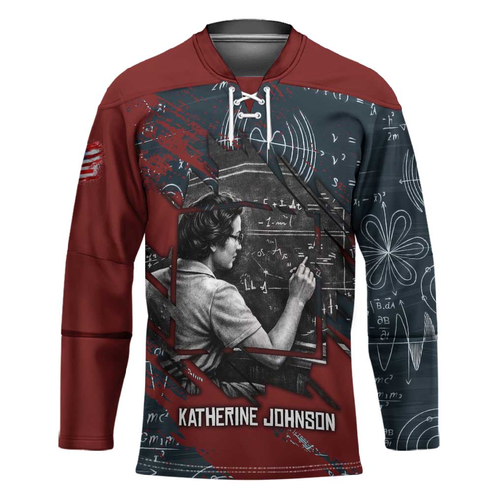 Katherine Johnson Hockey Jersey with Chalkboard Math Scene, Verify the Numbers Quote and Space Orbit - Wonder Print Shop