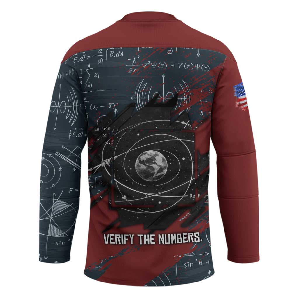 Katherine Johnson Hockey Jersey with Chalkboard Math Scene, Verify the Numbers Quote and Space Orbit - Wonder Print Shop