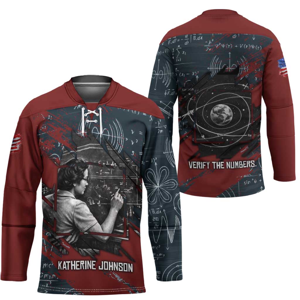 Katherine Johnson Hockey Jersey with Chalkboard Math Scene, Verify the Numbers Quote and Space Orbit - Wonder Print Shop