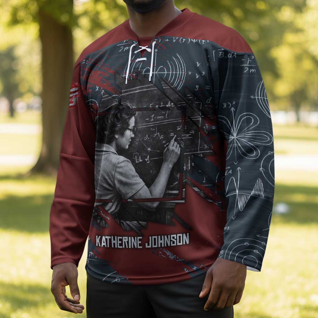 Katherine Johnson Hockey Jersey with Chalkboard Math Scene, Verify the Numbers Quote and Space Orbit - Wonder Print Shop