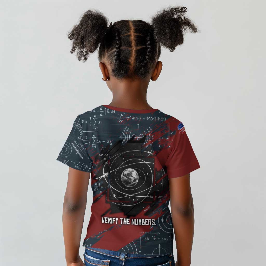 Katherine Johnson Kid T shirt with Chalkboard Math Scene, Verify the Numbers Quote and Space Orbit - Wonder Print Shop