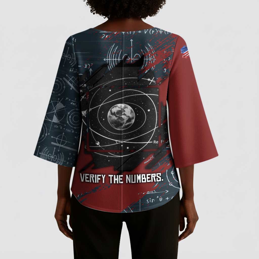 Katherine Johnson Kimono Sleeve Blouse with Chalkboard Math Scene, Verify the Numbers Quote and Space Orbit - Wonder Print Shop