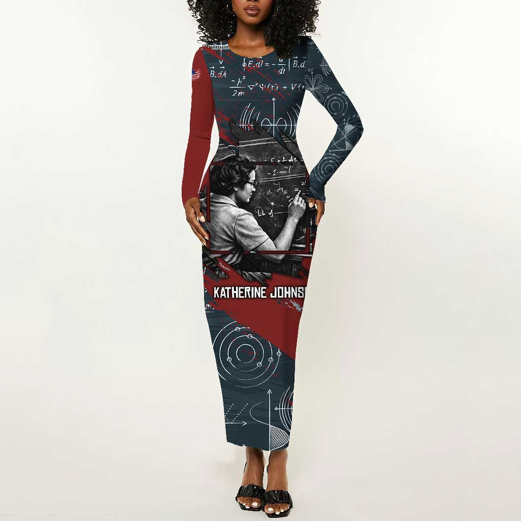 Katherine Johnson Long Sleeve Bodycon Dress with Chalkboard Math Scene, Verify the Numbers Quote and Space Orbit - Wonder Print Shop