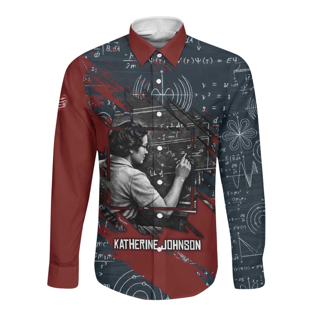 Katherine Johnson Long Sleeve Button Shirt with Chalkboard Math Scene, Verify the Numbers Quote and Space Orbit - Wonder Print Shop