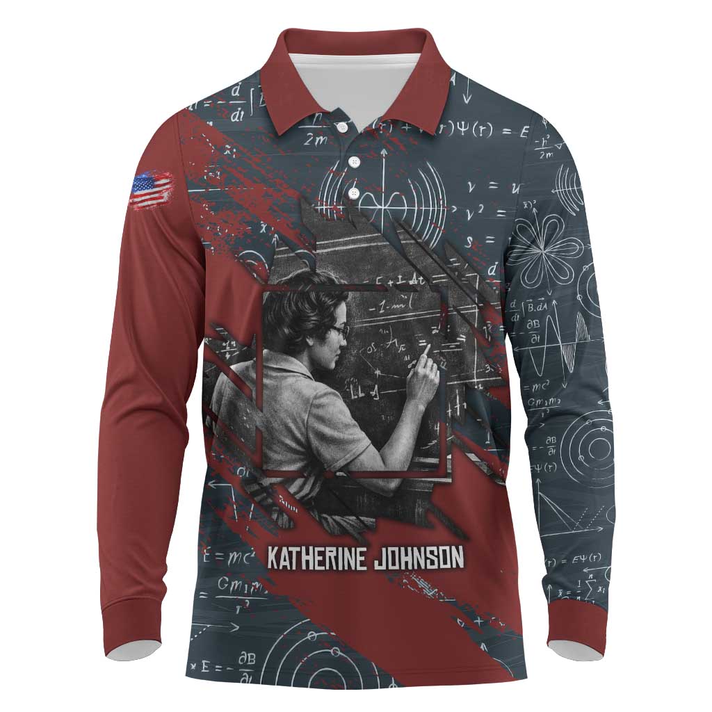 Katherine Johnson Long Sleeve Polo Shirt with Chalkboard Math Scene, Verify the Numbers Quote and Space Orbit - Wonder Print Shop