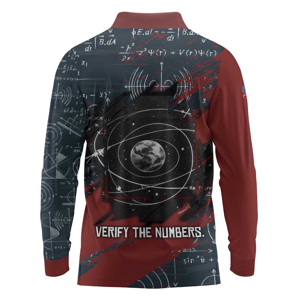 Katherine Johnson Long Sleeve Polo Shirt with Chalkboard Math Scene, Verify the Numbers Quote and Space Orbit - Wonder Print Shop