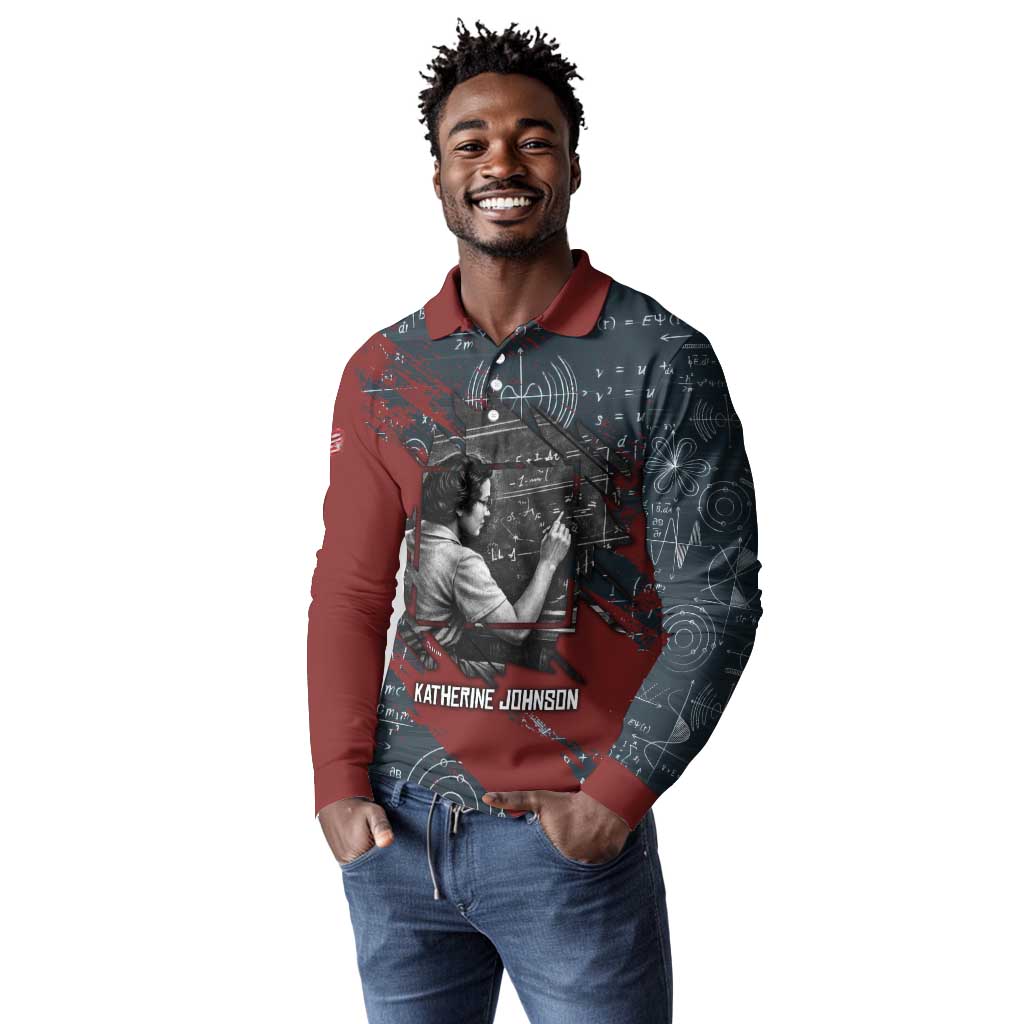 Katherine Johnson Long Sleeve Polo Shirt with Chalkboard Math Scene, Verify the Numbers Quote and Space Orbit - Wonder Print Shop