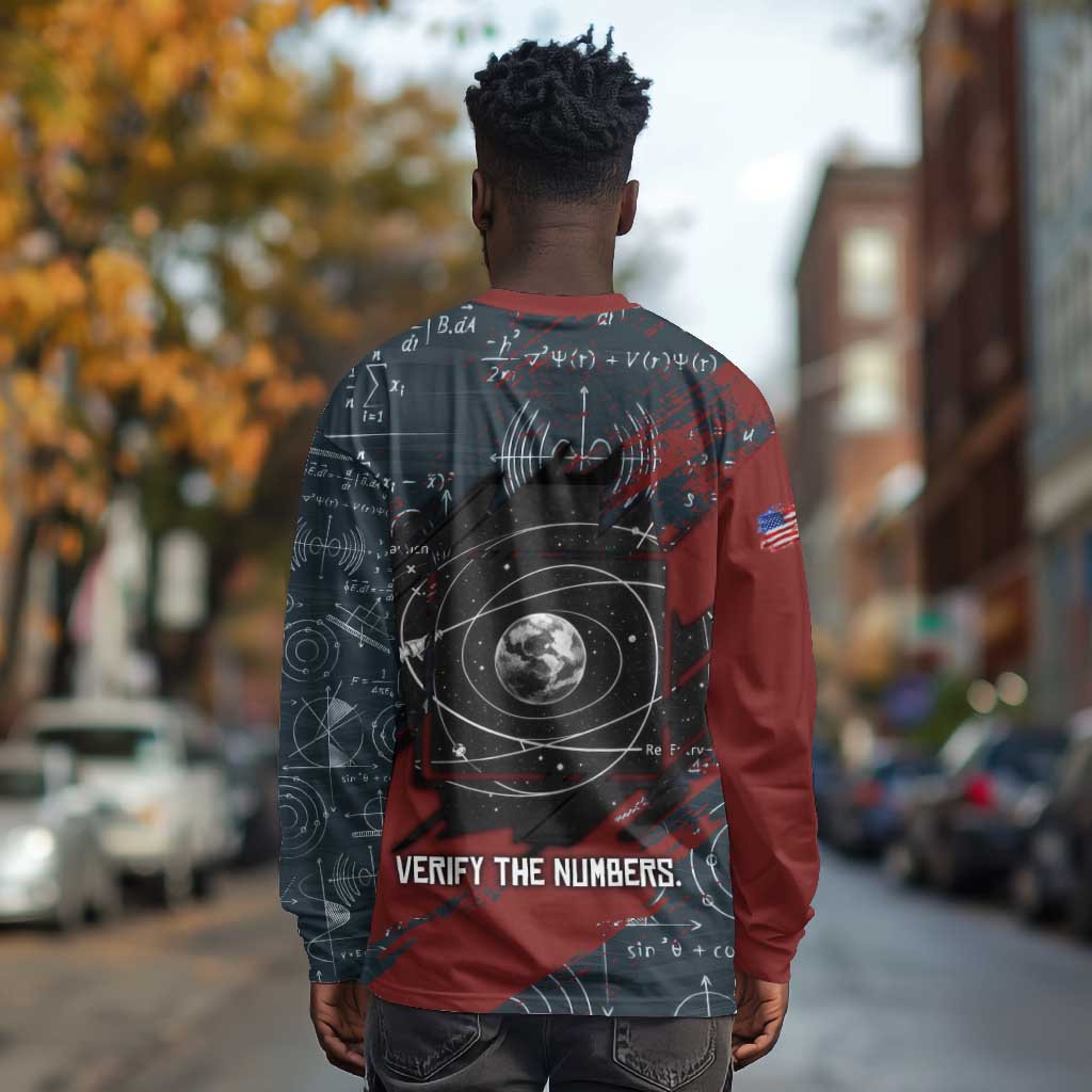 Katherine Johnson Long Sleeve Shirt with Chalkboard Math Scene, Verify the Numbers Quote and Space Orbit - Wonder Print Shop