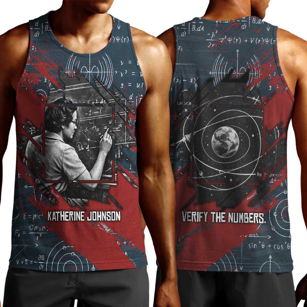 Katherine Johnson Men Tank Top with Chalkboard Math Scene, Verify the Numbers Quote and Space Orbit - Wonder Print Shop