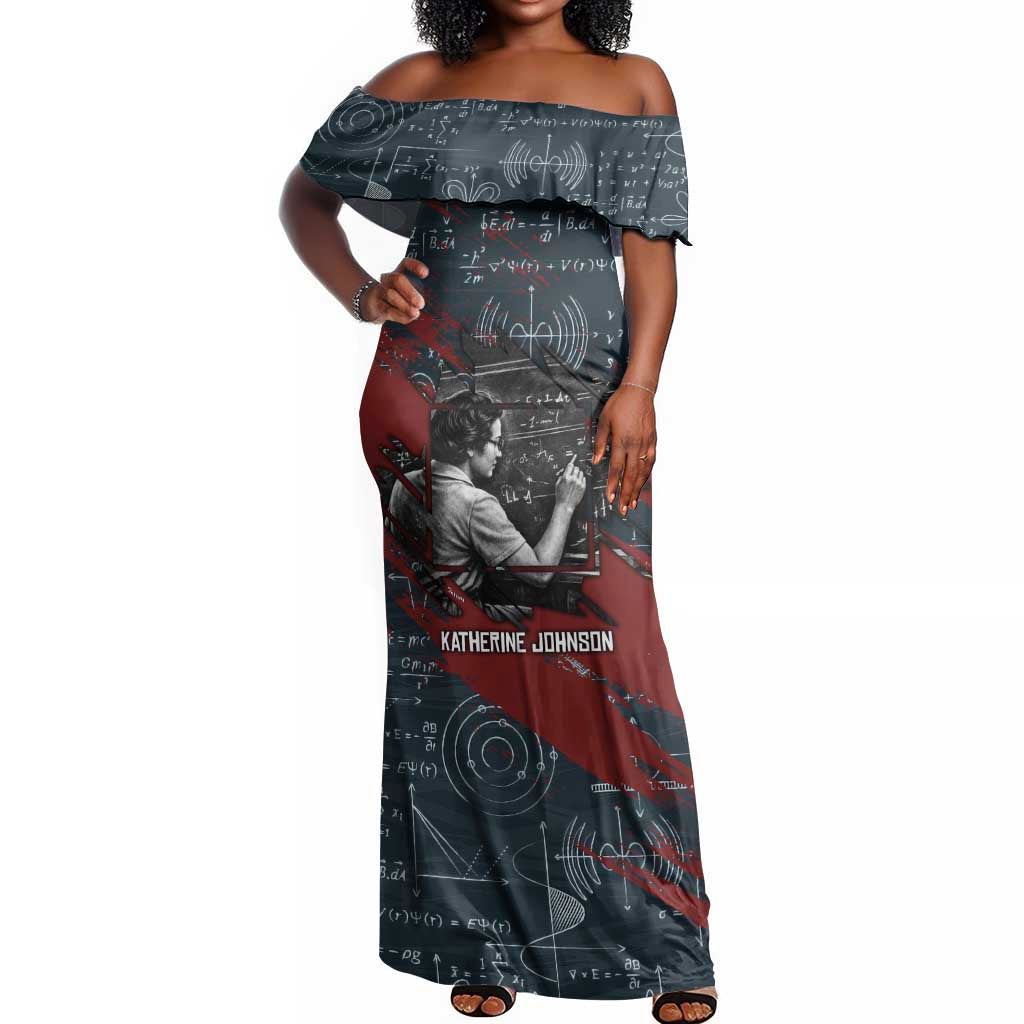 Katherine Johnson Off Shoulder Maxi Dress with Chalkboard Math Scene, Verify the Numbers Quote and Space Orbit - Wonder Print Shop