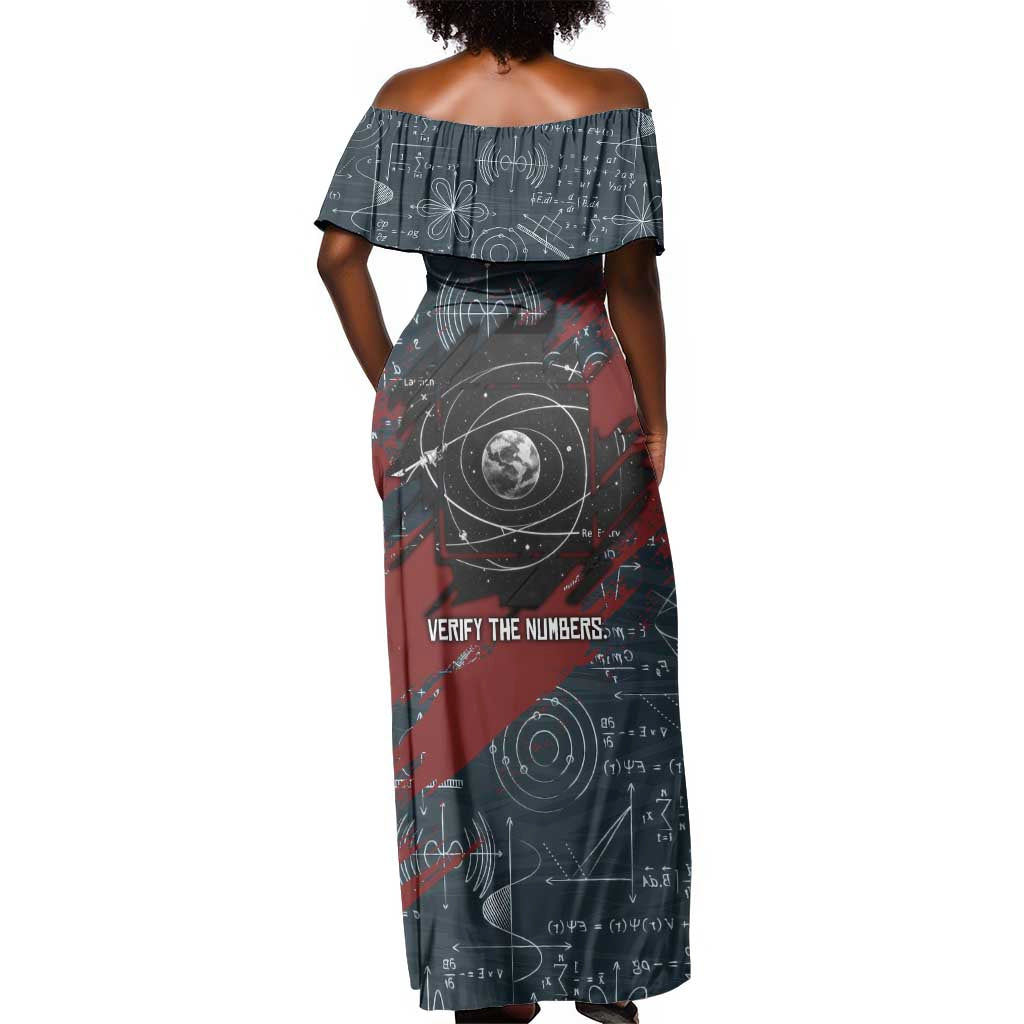 Katherine Johnson Off Shoulder Maxi Dress with Chalkboard Math Scene, Verify the Numbers Quote and Space Orbit - Wonder Print Shop