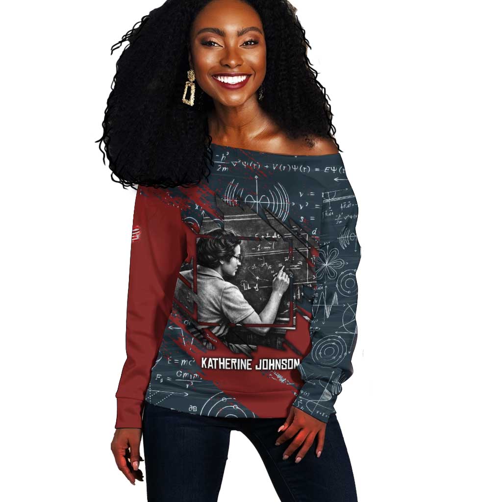 Katherine Johnson Off Shoulder Sweater with Chalkboard Math Scene, Verify the Numbers Quote and Space Orbit - Wonder Print Shop