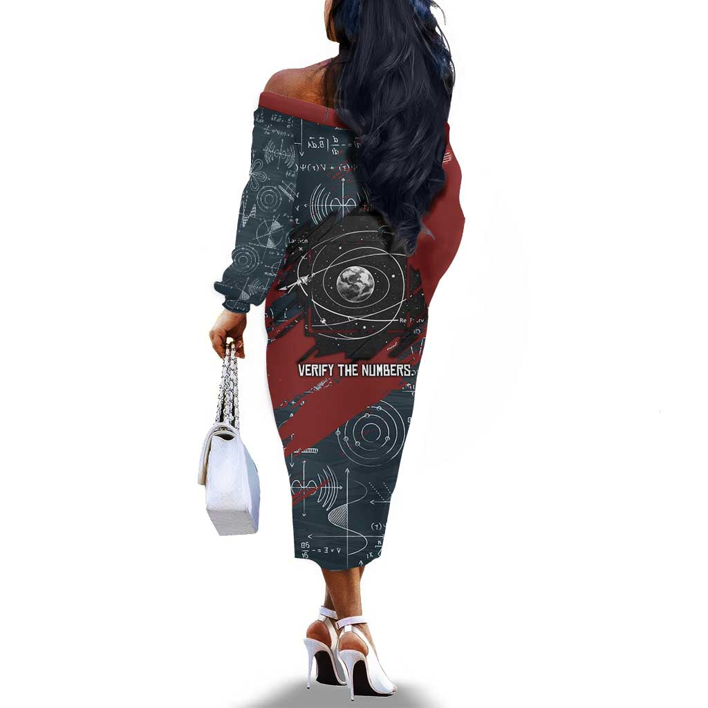 Katherine Johnson Off The Shoulder Long Sleeve Dress with Chalkboard Math Scene, Verify the Numbers Quote and Space Orbit - Wonder Print Shop