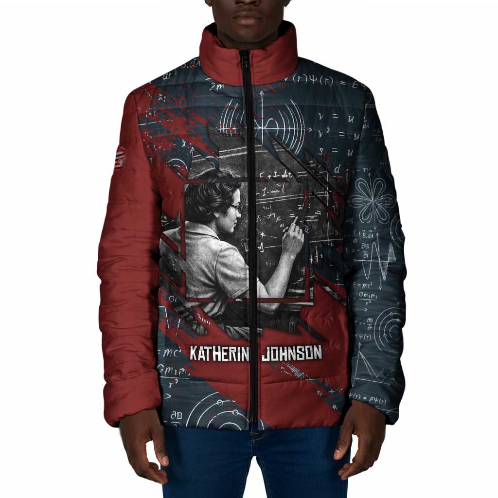 Katherine Johnson Padded Jacket with Chalkboard Math Scene, Verify the Numbers Quote and Space Orbit - Wonder Print Shop