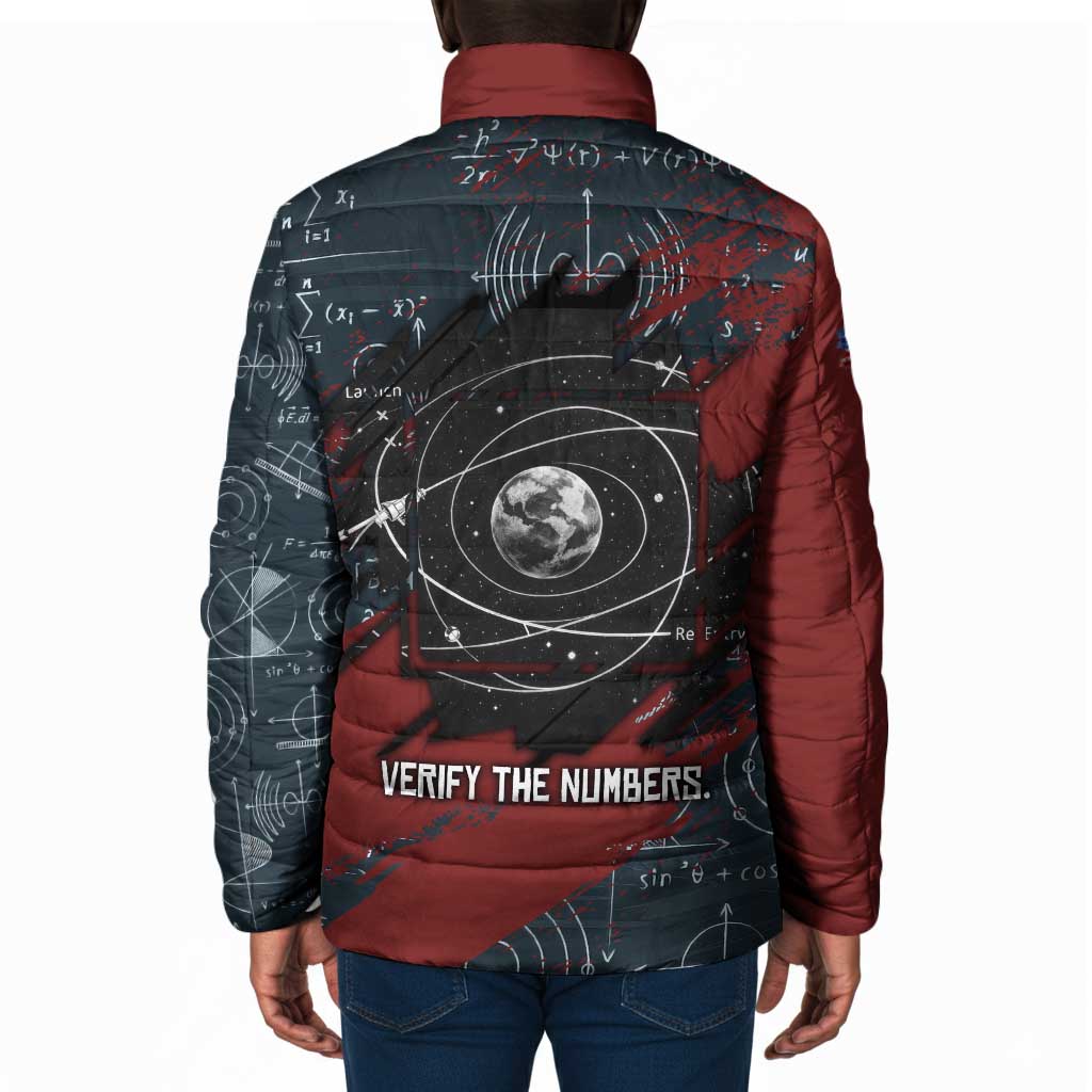 Katherine Johnson Padded Jacket with Chalkboard Math Scene, Verify the Numbers Quote and Space Orbit - Wonder Print Shop