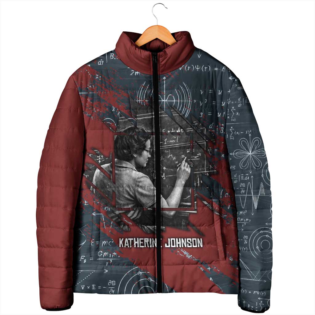 Katherine Johnson Padded Jacket with Chalkboard Math Scene, Verify the Numbers Quote and Space Orbit - Wonder Print Shop