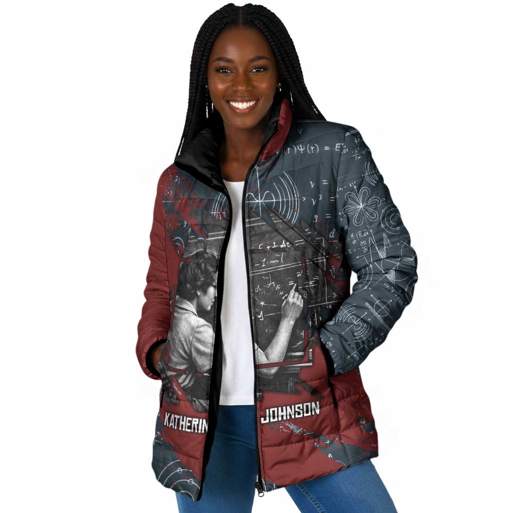 Katherine Johnson Padded Jacket with Chalkboard Math Scene, Verify the Numbers Quote and Space Orbit - Wonder Print Shop