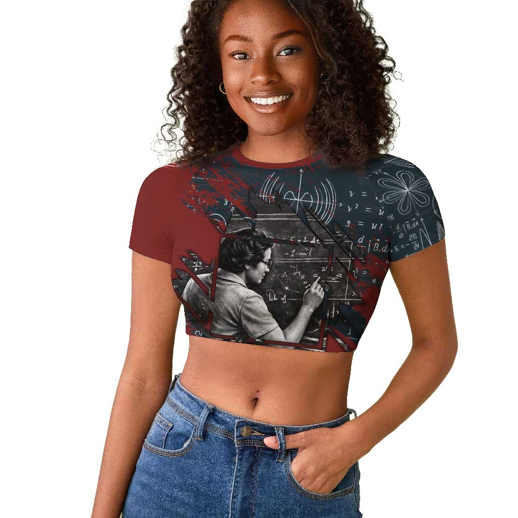 Katherine Johnson Raglan Cropped T shirt with Chalkboard Math Scene, Verify the Numbers Quote and Space Orbit - Wonder Print Shop