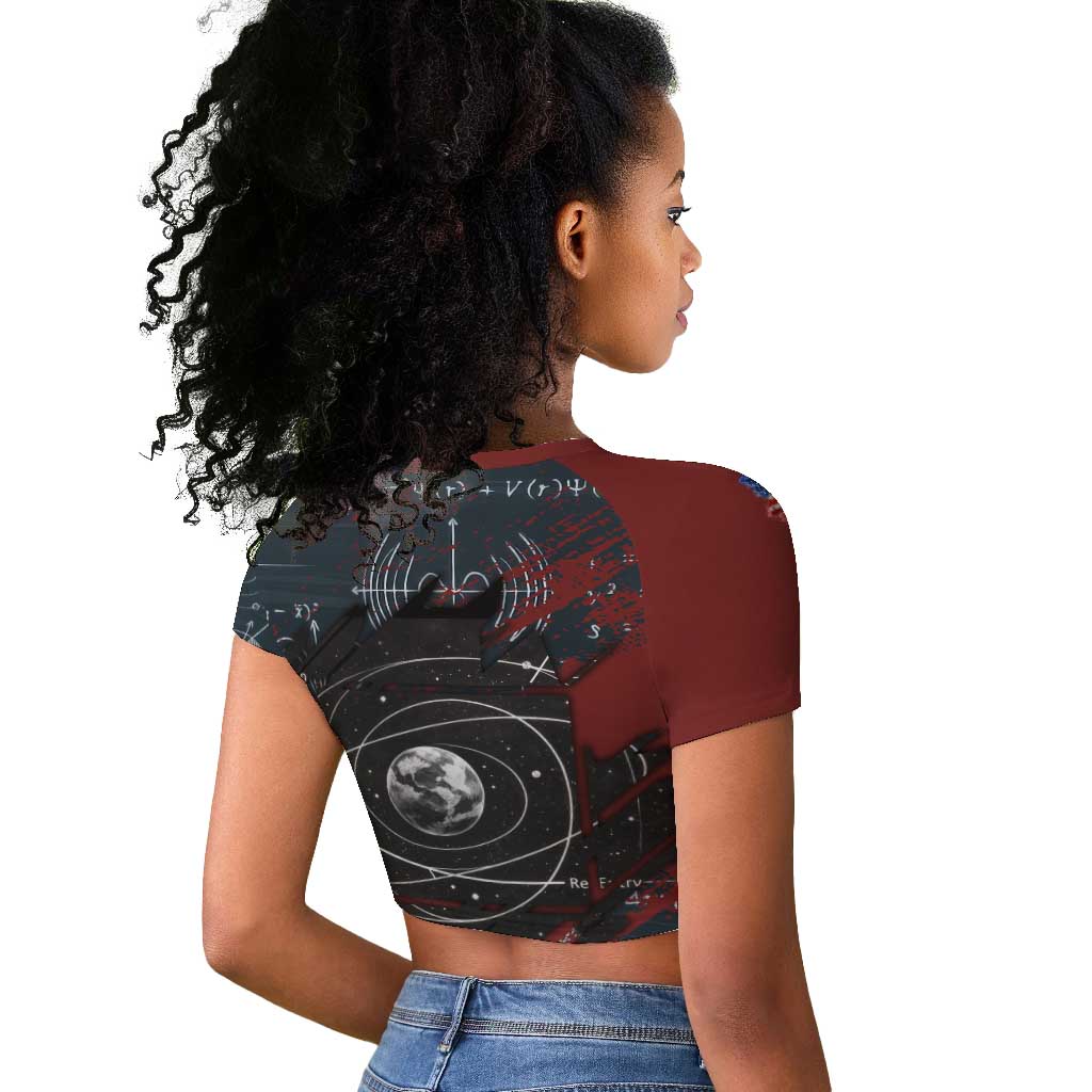 Katherine Johnson Raglan Cropped T shirt with Chalkboard Math Scene, Verify the Numbers Quote and Space Orbit - Wonder Print Shop