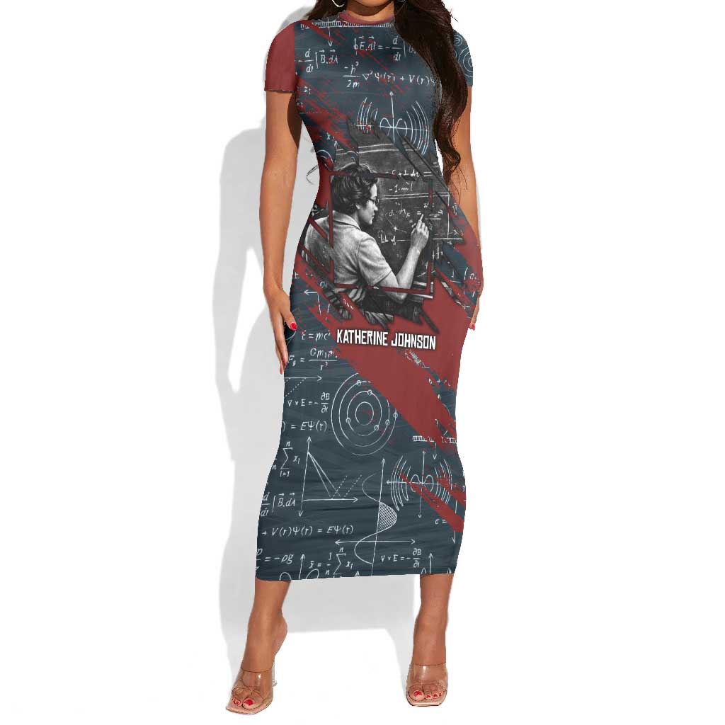 Katherine Johnson Short Sleeve Bodycon Dress with Chalkboard Math Scene, Verify the Numbers Quote and Space Orbit - Wonder Print Shop