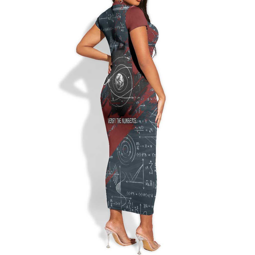 Katherine Johnson Short Sleeve Bodycon Dress with Chalkboard Math Scene, Verify the Numbers Quote and Space Orbit - Wonder Print Shop