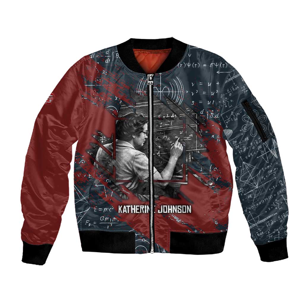 Katherine Johnson Sleeve Zip Bomber Jacket with Chalkboard Math Scene, Verify the Numbers Quote and Space Orbit - Wonder Print Shop