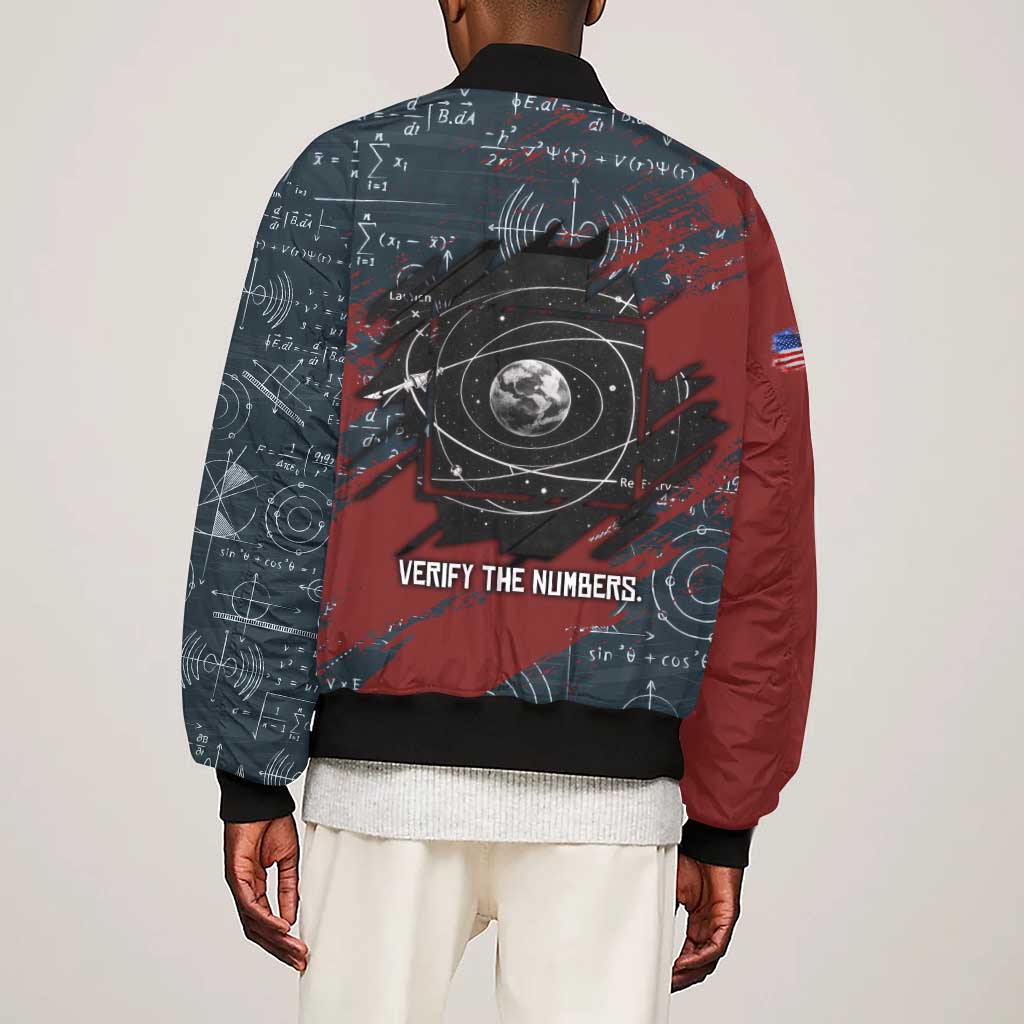 Katherine Johnson Sleeve Zip Bomber Jacket with Chalkboard Math Scene, Verify the Numbers Quote and Space Orbit - Wonder Print Shop