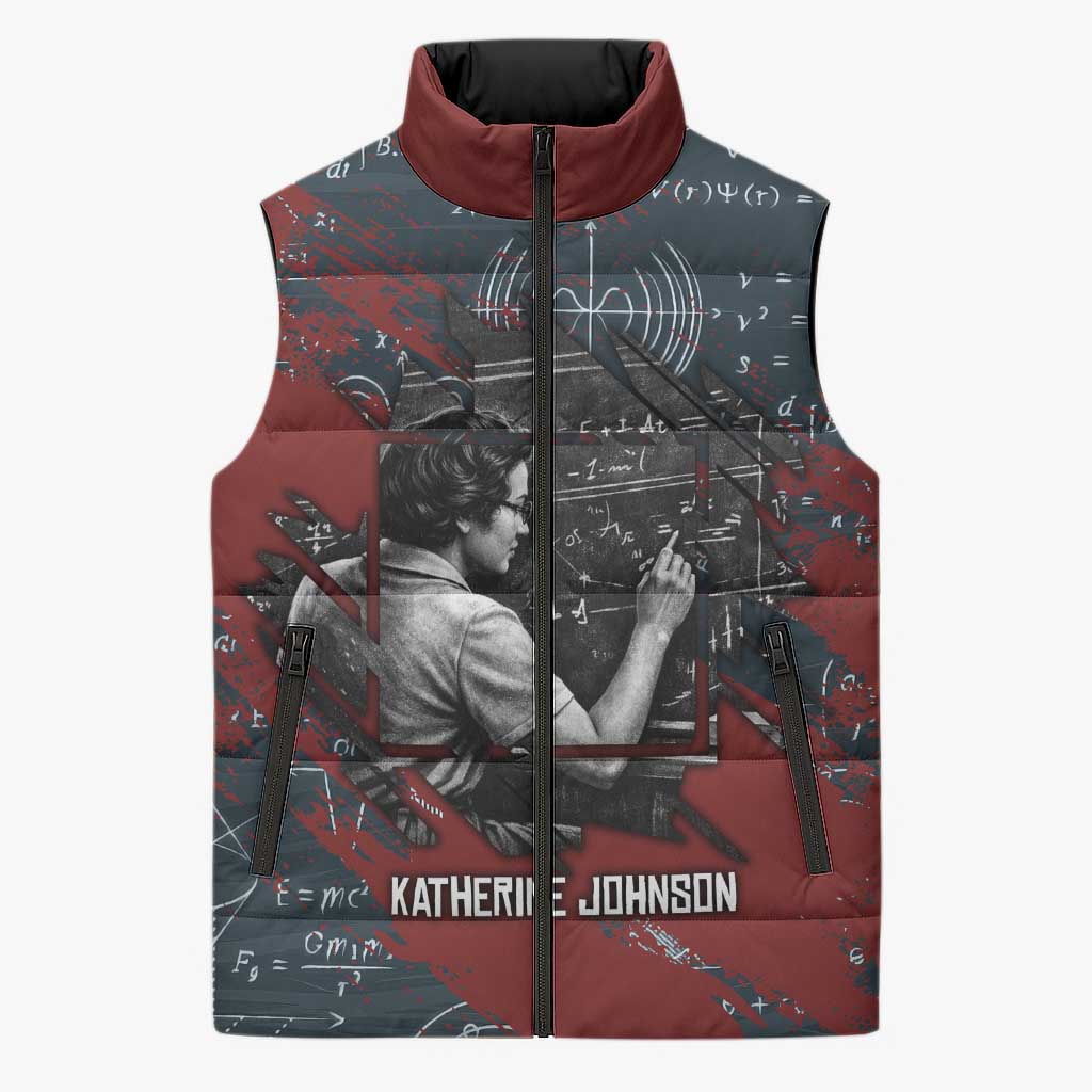 Katherine Johnson Sleeveless Puffer Jacket with Chalkboard Math Scene, Verify the Numbers Quote and Space Orbit - Wonder Print Shop