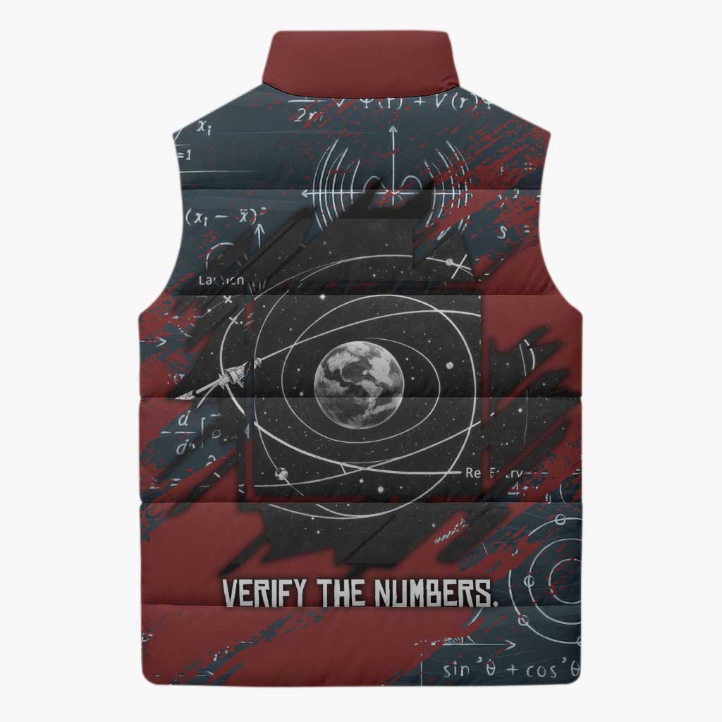Katherine Johnson Sleeveless Puffer Jacket with Chalkboard Math Scene, Verify the Numbers Quote and Space Orbit - Wonder Print Shop