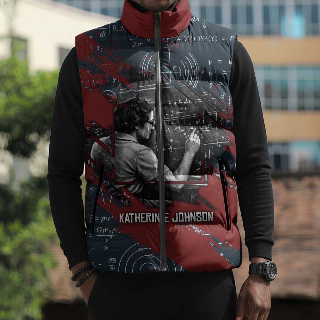 Katherine Johnson Sleeveless Puffer Jacket with Chalkboard Math Scene, Verify the Numbers Quote and Space Orbit - Wonder Print Shop