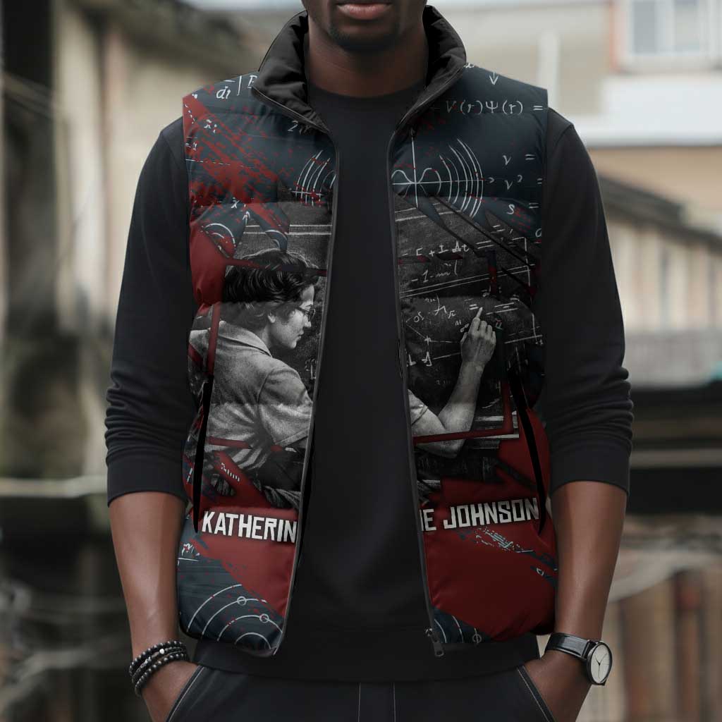 Katherine Johnson Sleeveless Puffer Jacket with Chalkboard Math Scene, Verify the Numbers Quote and Space Orbit - Wonder Print Shop