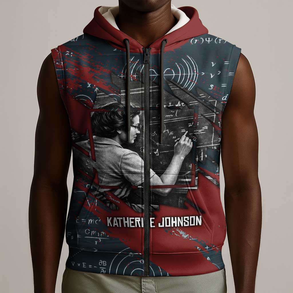 Katherine Johnson Sleeveless Zip Hoodie with Chalkboard Math Scene, Verify the Numbers Quote and Space Orbit - Wonder Print Shop