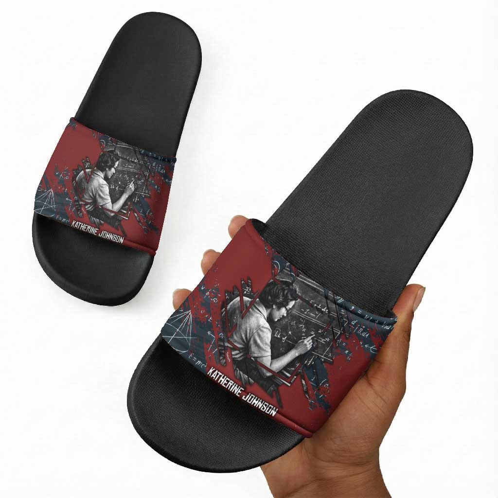 Katherine Johnson Slide Sandals with Chalkboard Math Scene, Verify the Numbers Quote and Space Orbit - Wonder Print Shop