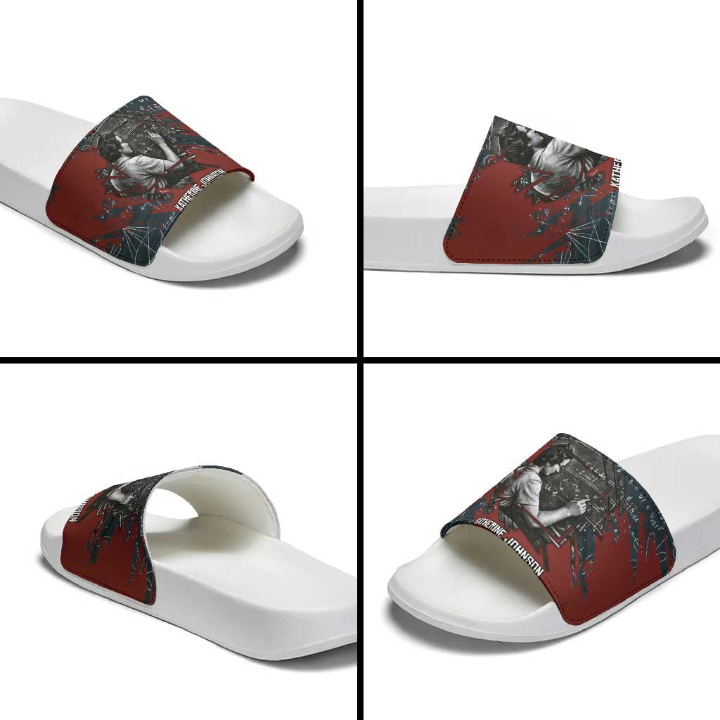 Katherine Johnson Slide Sandals with Chalkboard Math Scene, Verify the Numbers Quote and Space Orbit - Wonder Print Shop