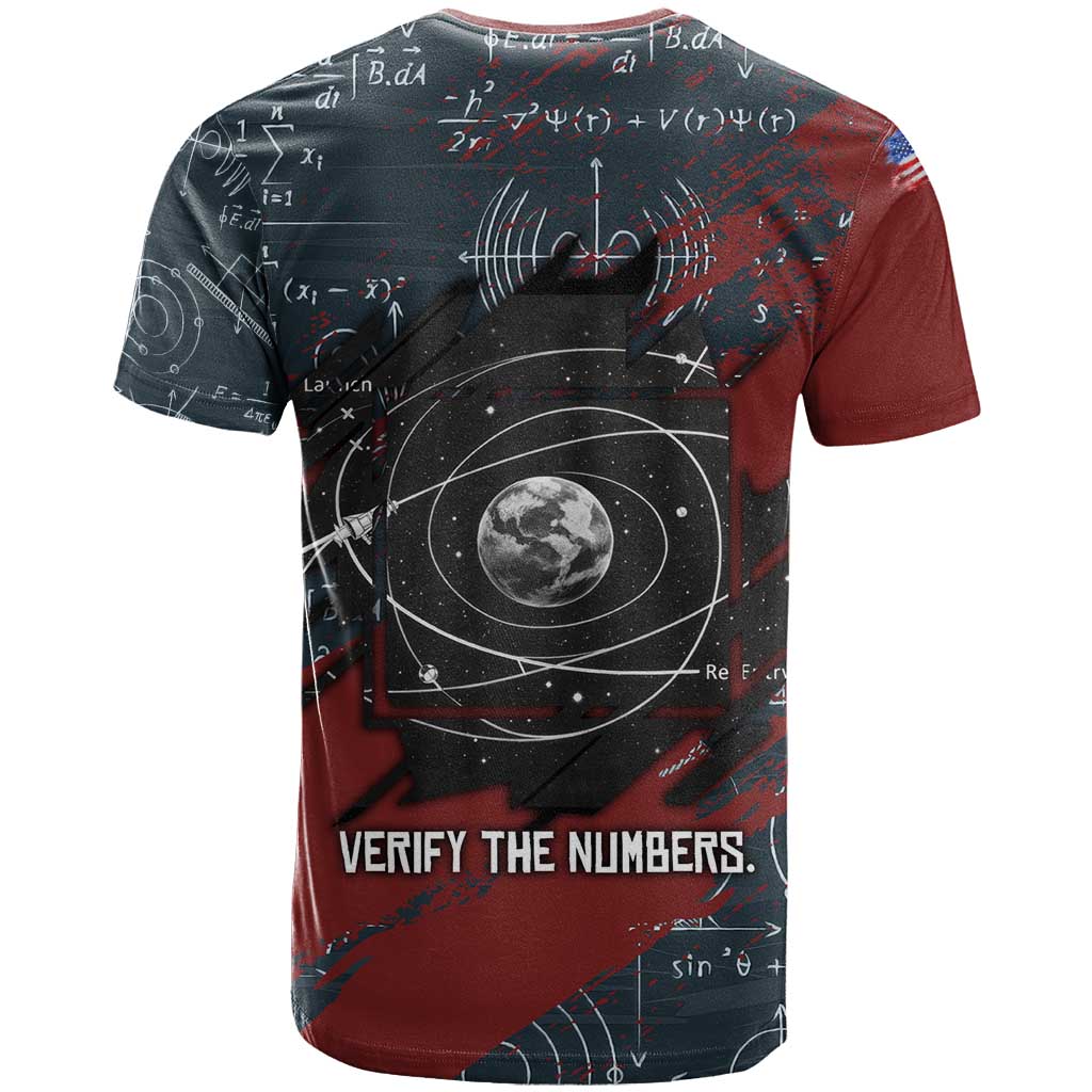 Katherine Johnson T shirt with Chalkboard Math Scene, Verify the Numbers Quote and Space Orbit - Wonder Print Shop