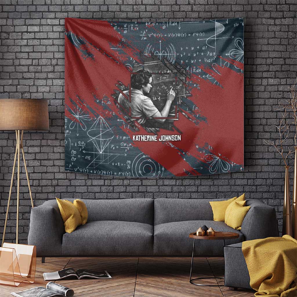 Katherine Johnson Tapestry with Chalkboard Math Scene, Verify the Numbers Quote and Space Orbit - Wonder Print Shop
